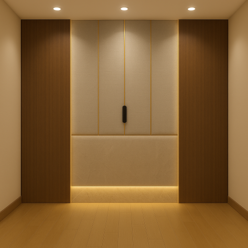 جدار خشب مع لوح قماش وإضاءة خفية